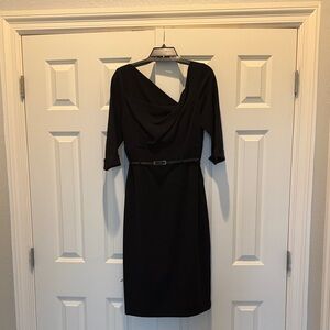 Black Halo Black Cowl-Neck Midi Dress with Slim Belt